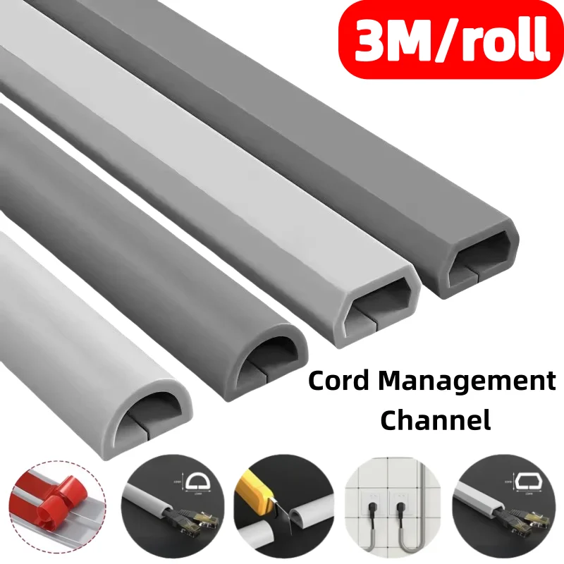 3M/roll Flexible Cord Management Channel,Invisible Decorative Wire Cover, Anti-Step Protector, Adhesive Cable Raceway with Cap