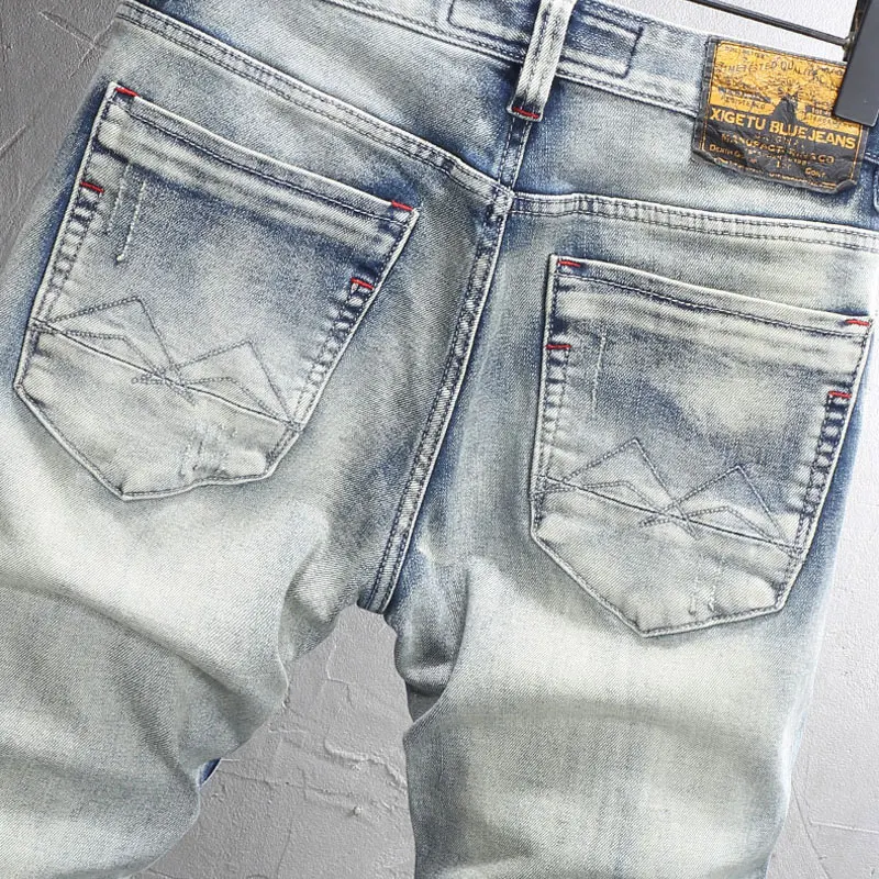 Street Fashion Men Jeans Retro Light Blue Stretch Slim Fit Hole Patched Ripped Jeans Men Embroidery Designer Vintage Denim Pants