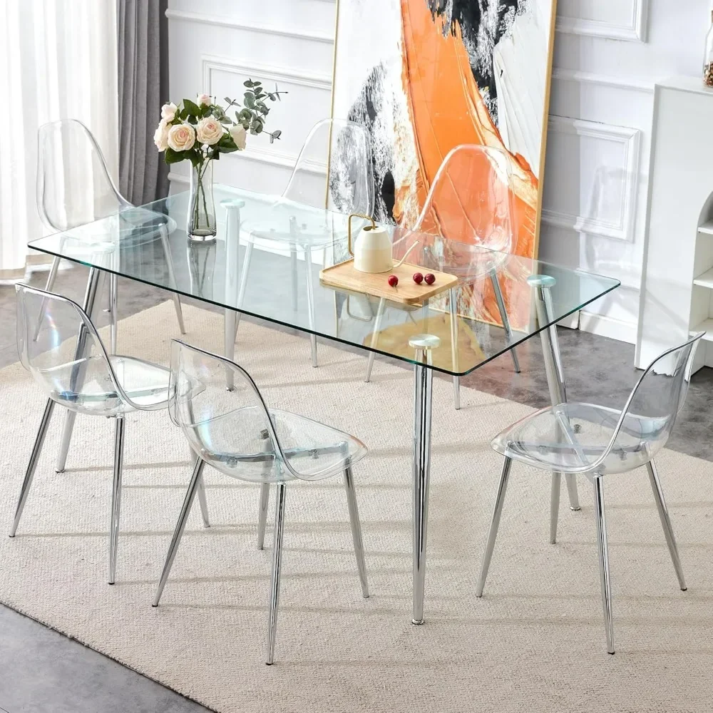 Ensemble de table à manger rectangulaire en verre, chaises transparentes avec pieds en métal argenté, salle à manger et cuisine,