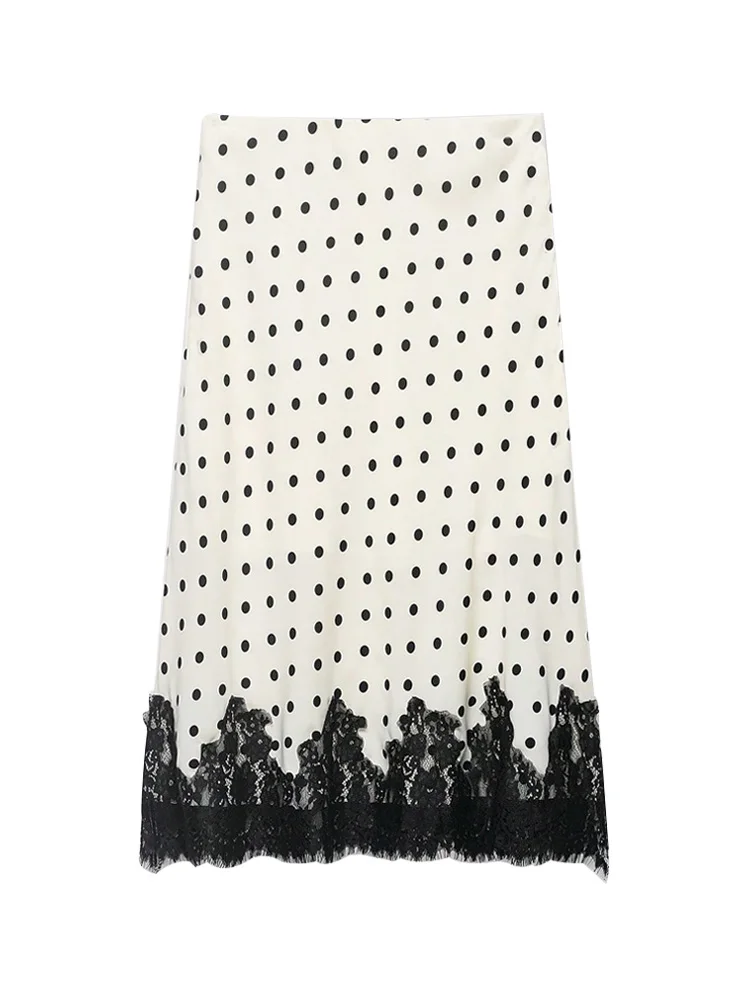 Fanan Women's Fashion Polka Dot Knee-Length Skirt with Side Zipper and Lace Patchwork, Suitable for Summer