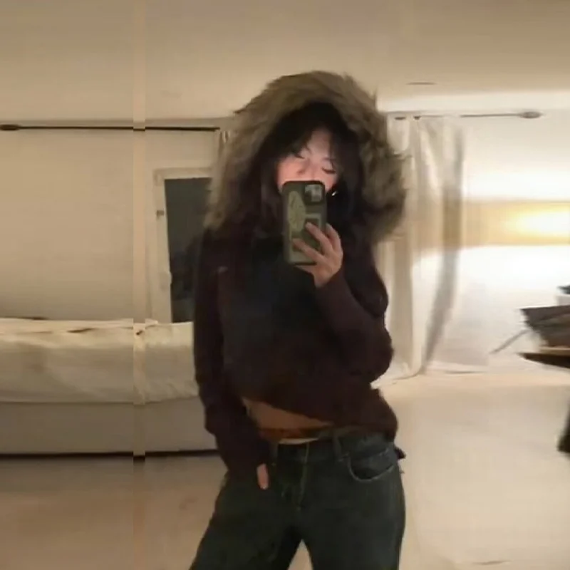 

Women Trendy Faux Fur Hooded Knitted Sweater Chocolate Color Long Sleeve Pullover Sexy Y2k Slim Versatile Top High Street Outfit