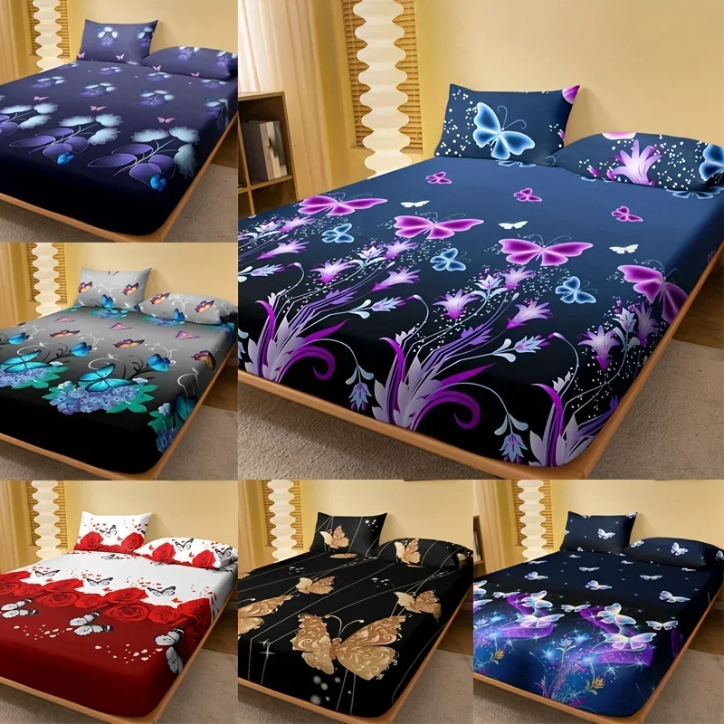 Brushed Fitted Sheet Soft Comfortable Butterfly Floral Print Bedding Fitted Sheet For Bedroom Guest Room With Deep Pocket