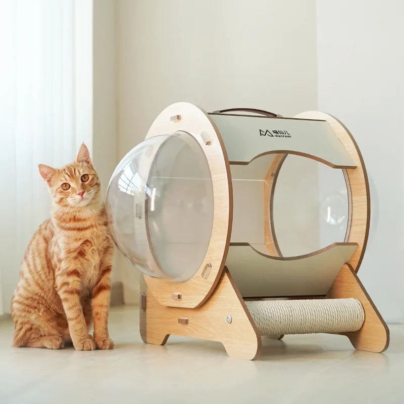 Round Capsule House for Cats, 360° No Dead Angle Double Side Space Capsule Puppy Houses, Portable Claw Board Cat Nest Cat Villa