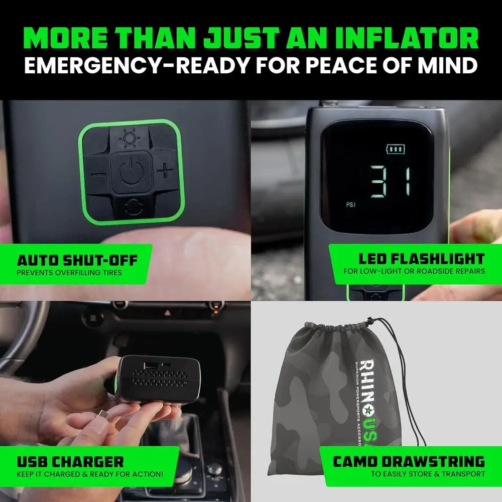 Kompresor Udara Portabel 150 PSI dengan Pengukur Digital - Pompa Mini yang Ditingkatkan untuk Ban Mobil dan Sepeda dengan Layar LCD Hitam & Hijau