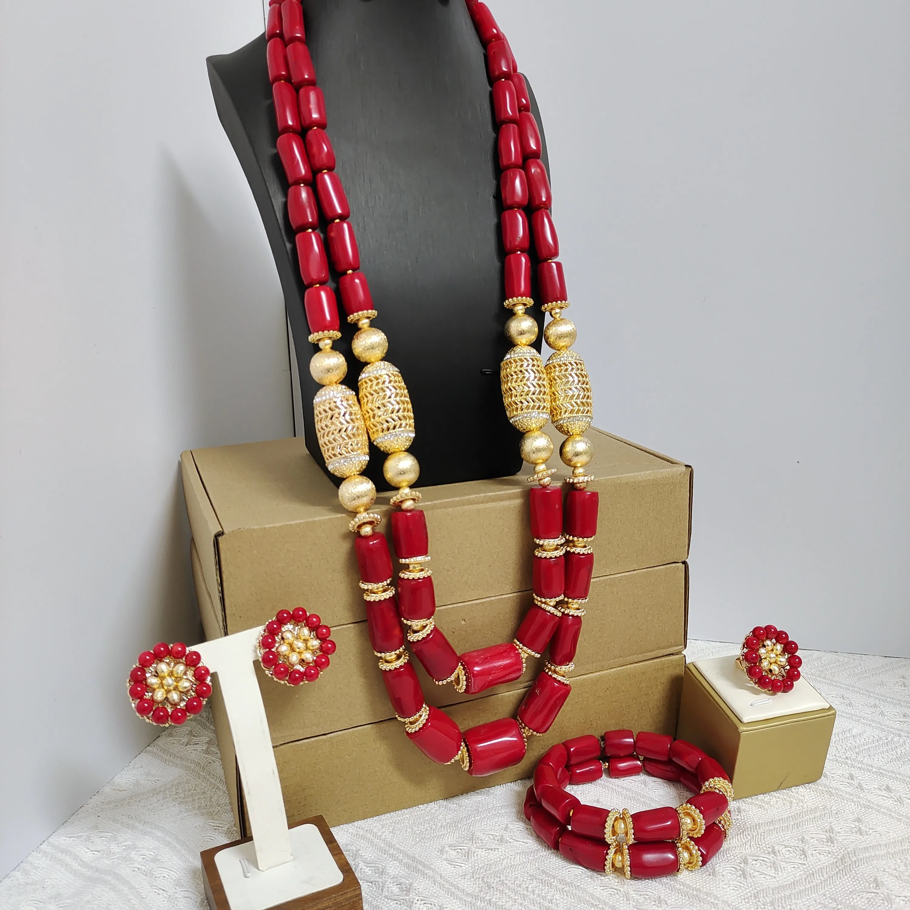 

32inch Long Real Red Coral Necklace Bracelet Earrings Ring Set Jewelry for Weddings