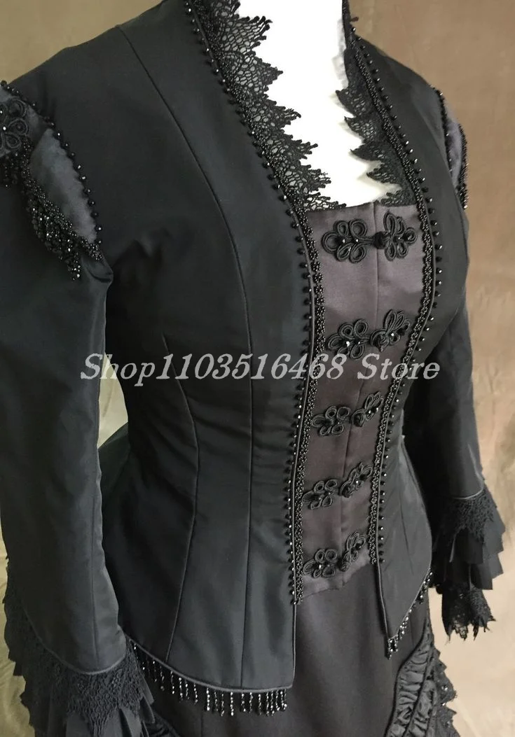 Vintage Victorian Steam Prom Dress Gothic Women\'s Party Black Satin Jacket Button Pleated Women\'s Long Sleeve Sheath Dresses