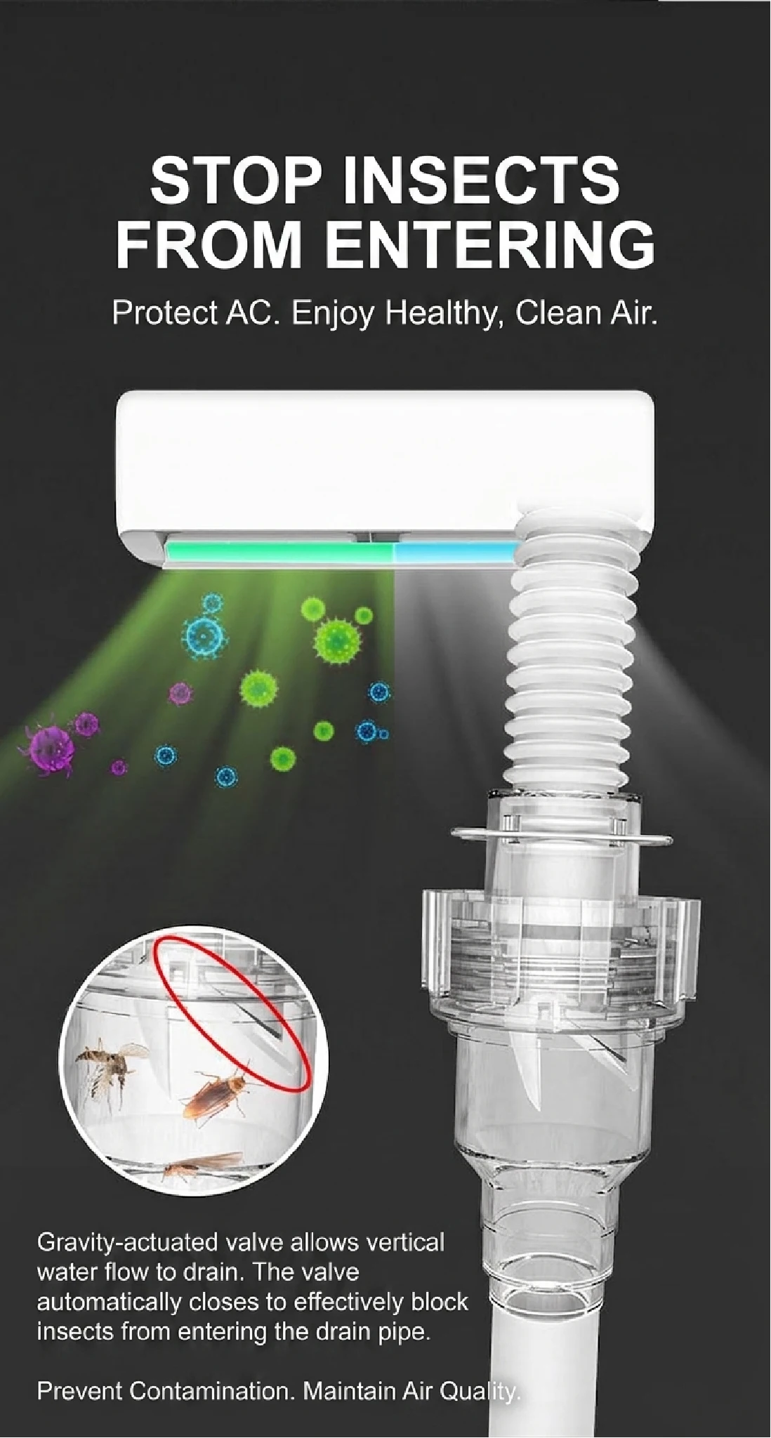 Électrovanne HVAC Condensate Drain Valve 3 Way Design Anti Backflow Anti Insect Odor Prevention Check Valve for Air Conditioner Drain Pipe Pneumatique — détail 4