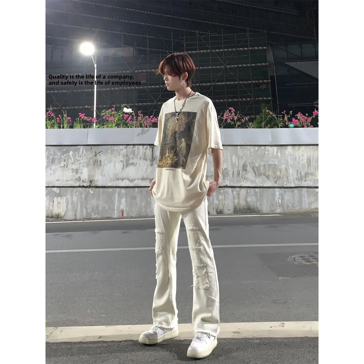 

Белые мужские джинсы прямого кроя, весенне-осенние, винтажные, с рваными элементами и микро-клешем, свободные длинные брюки в американском уличном стиле