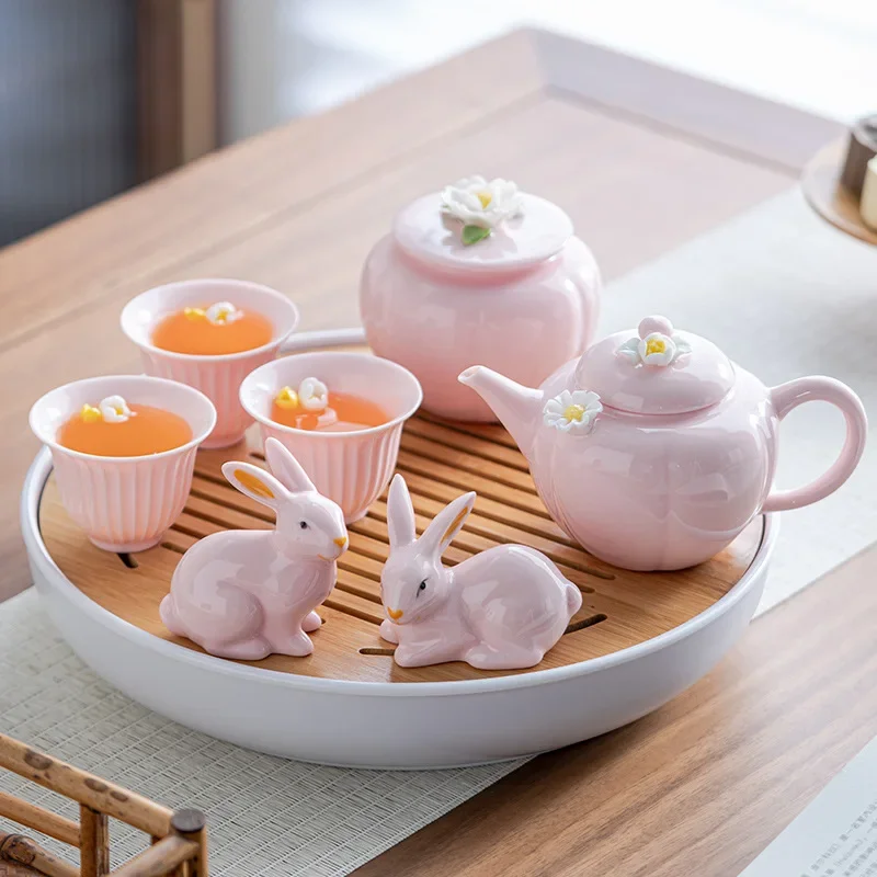 Kawaii Pink Porcelain Tea Set with Bunny Ornaments & Handmade Flowers - Complete Kung Fu Tea Service for Tea Lovers & Giftsceram
