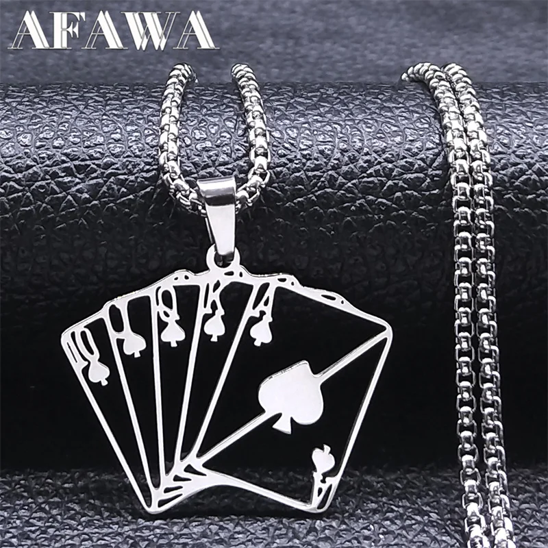 Poker Lucky Ace of Spades Necklaces Women/Men Stainless Steel Chain Necklace Fortune Playing Jewelry collier femme N2094S02