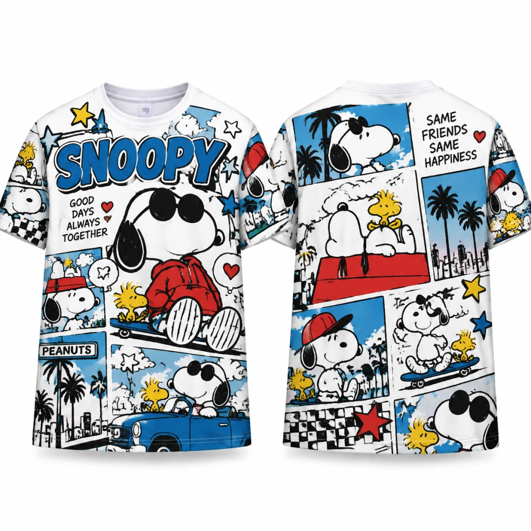 Skateboard Snoopy Woodstock T-shirt Unisex Peanuts Comic Collage Short Sleeve Tee Retro Streetwear Casual Graphic Kids Tops