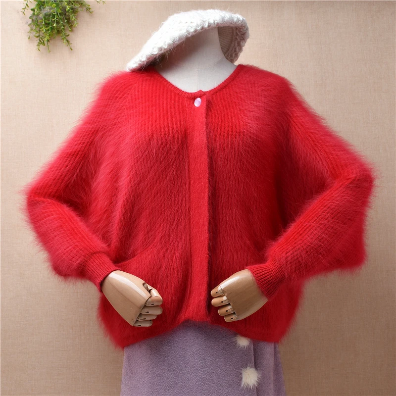 04 Ladies Women Fall Winter Clothing Red Striped Hairy Mink Cashmere Knitted Long batwing Sleeves Cropped Loose Cardigans Mantle