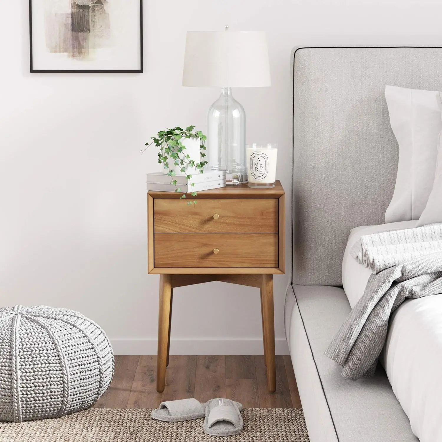 Mid-Century Oak Wood Nightstand with 2-Drawers, Small Side End Table with Storage, Brown