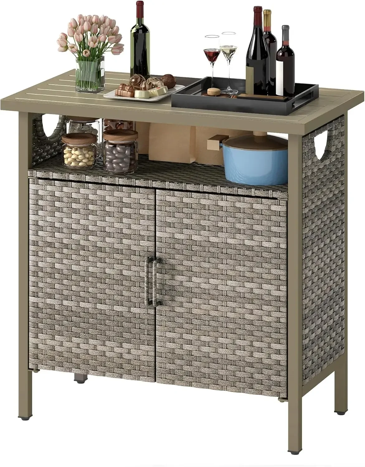 

Patio Storage Cabinet, Outdoor Buffet Cabinet with Two Doors and Shelves, Outdoor Storage Table with PE Rattan for Patio, Backya