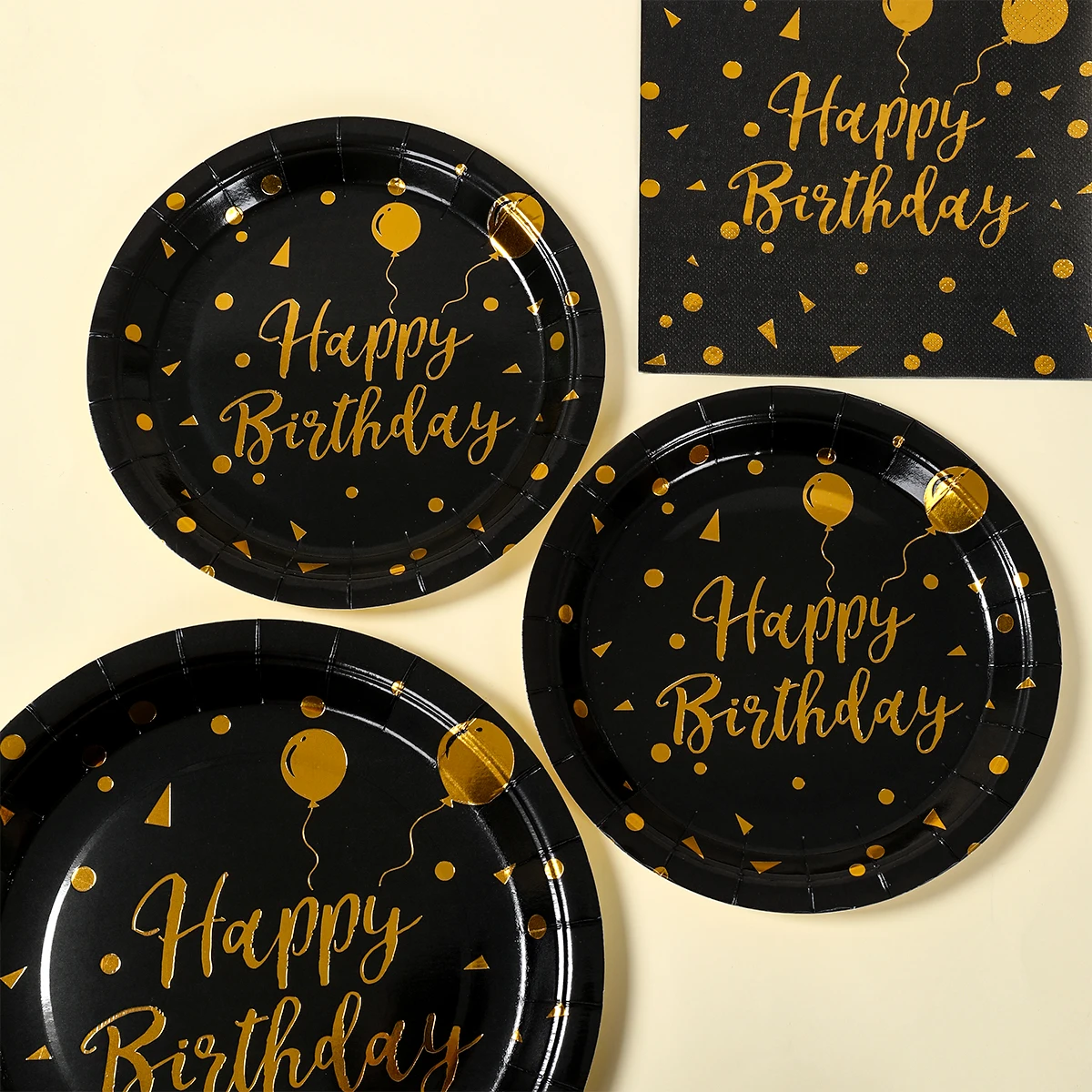 أدوات مائدة للاستعمال مرة واحدة لعيد الميلاد السعيد باللون الأسود والذهبي، مناديل ورقية لتزيين حفلات أعياد الميلاد ومستلزمات الذكرى السنوية لأعياد الميلاد للبالغين