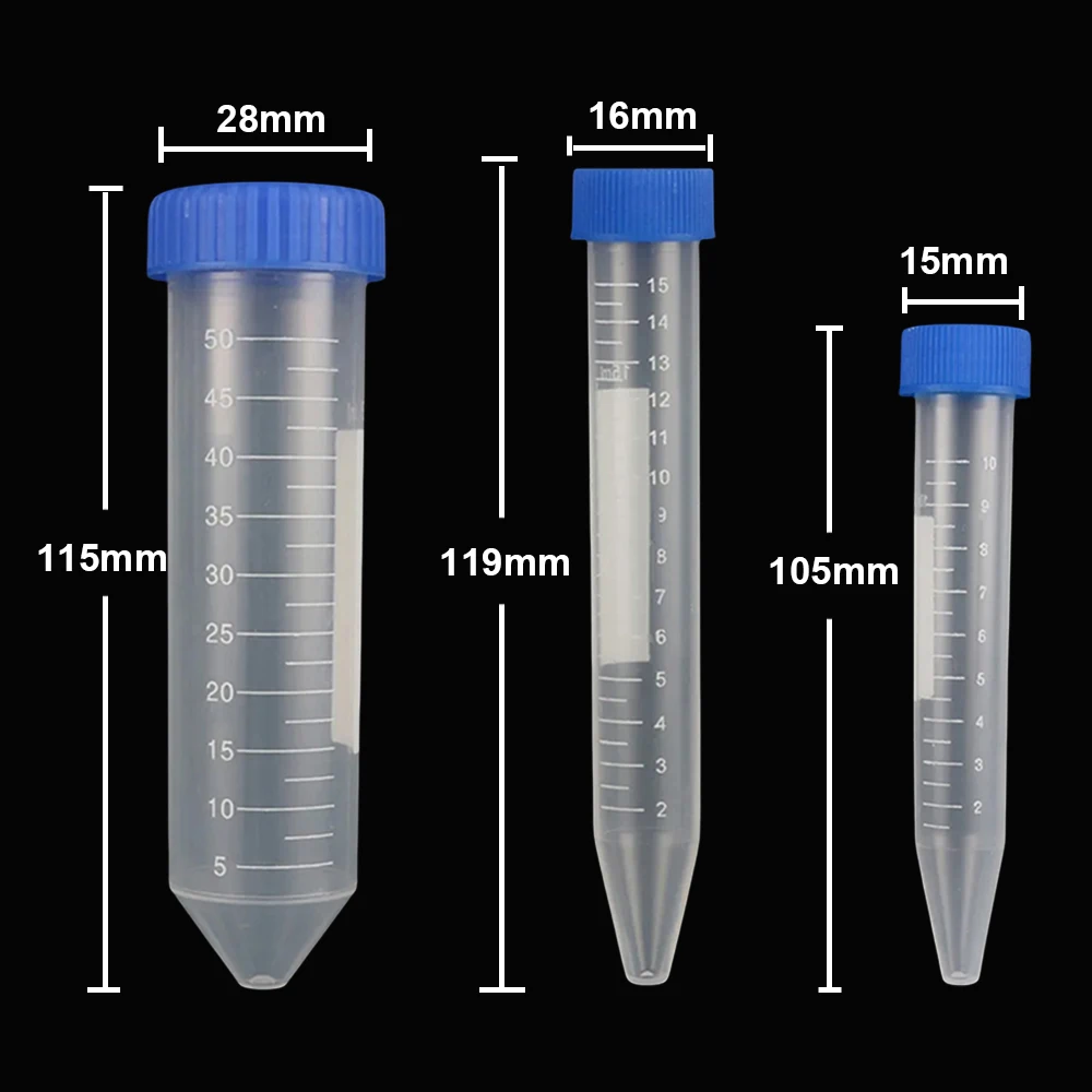 Tubo centrífugo de 10/15/50ml, tubo de ensayo para centrífuga, tapa de tornillo, fondo cónico, Vial de muestra, contenedor de laboratorio, 10 Uds.