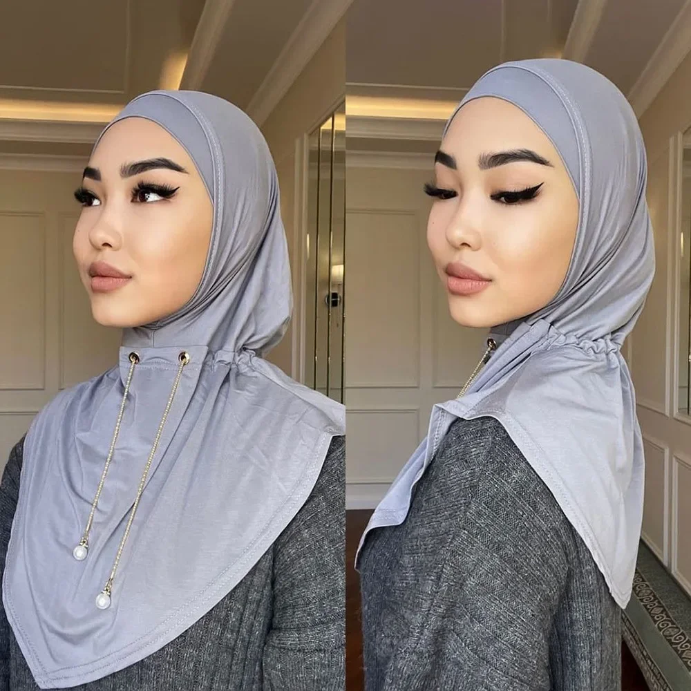 

2025 Muslim Women Metal Diamond Chain Hijab One Piece Amira Islamic Head Wrap Turban Shawls Headscarf Ramadan Niqab Khimar Nikab