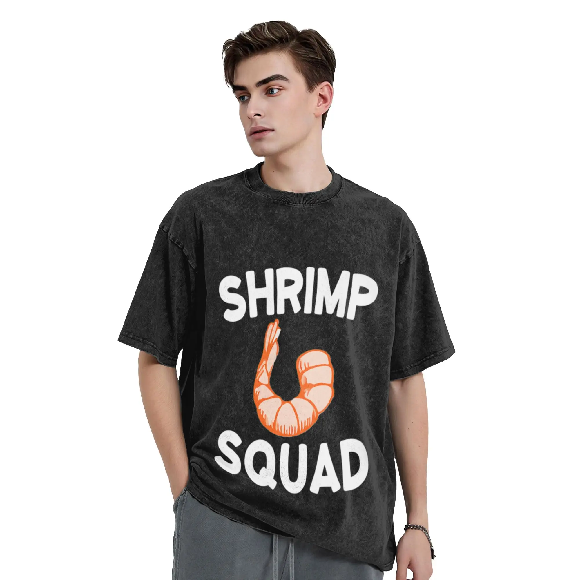 Shrimp Squad Unique Trendy A Washed T Shirt Men's Women's Oversized Cotton Tees Tops