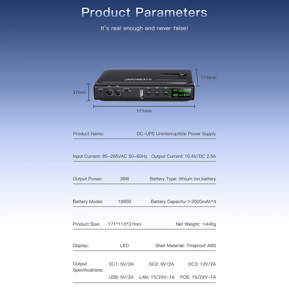 Mini UPS Battery Backup Uninterruptible Power Supply for Router with LCD Display 36W Multi Voltage Output 5V9V12V15V24V DC