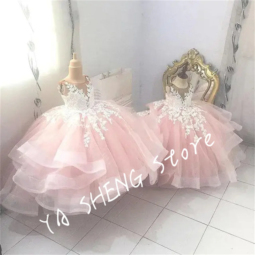 Lace  Flower Girl Dresses Sheer Neck Tiers Ball Gown Little Girl Wedding Dresses Cheap Communion Pageant Dresses Gowns