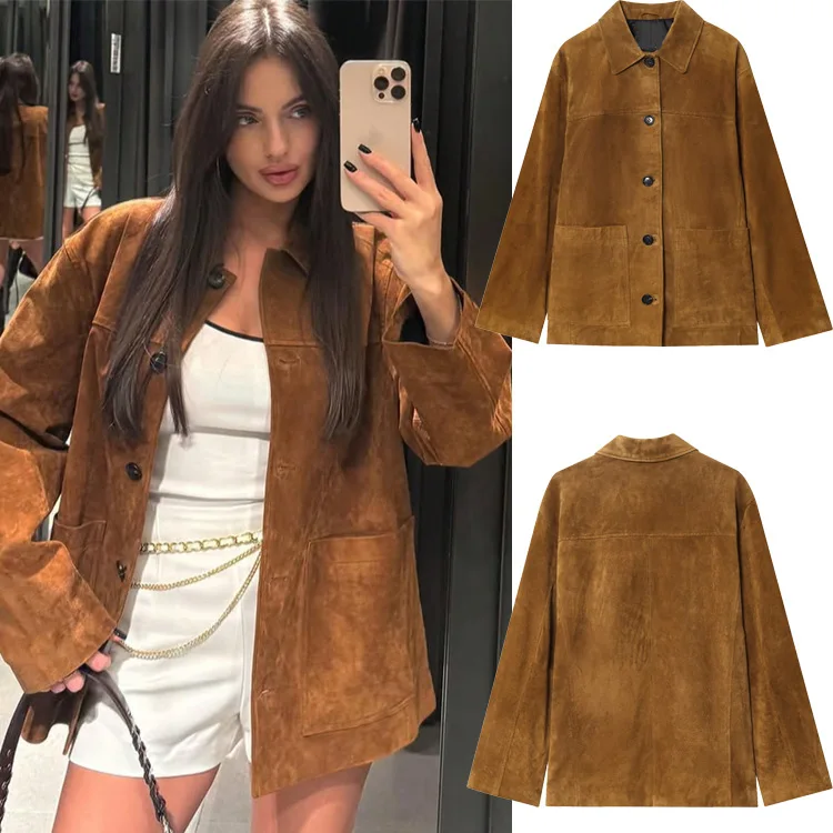 

Элегантное замшевое пальто с отложным воротником для женщин осенью/зиму, модная и простая замшевая уличная кожаная куртка