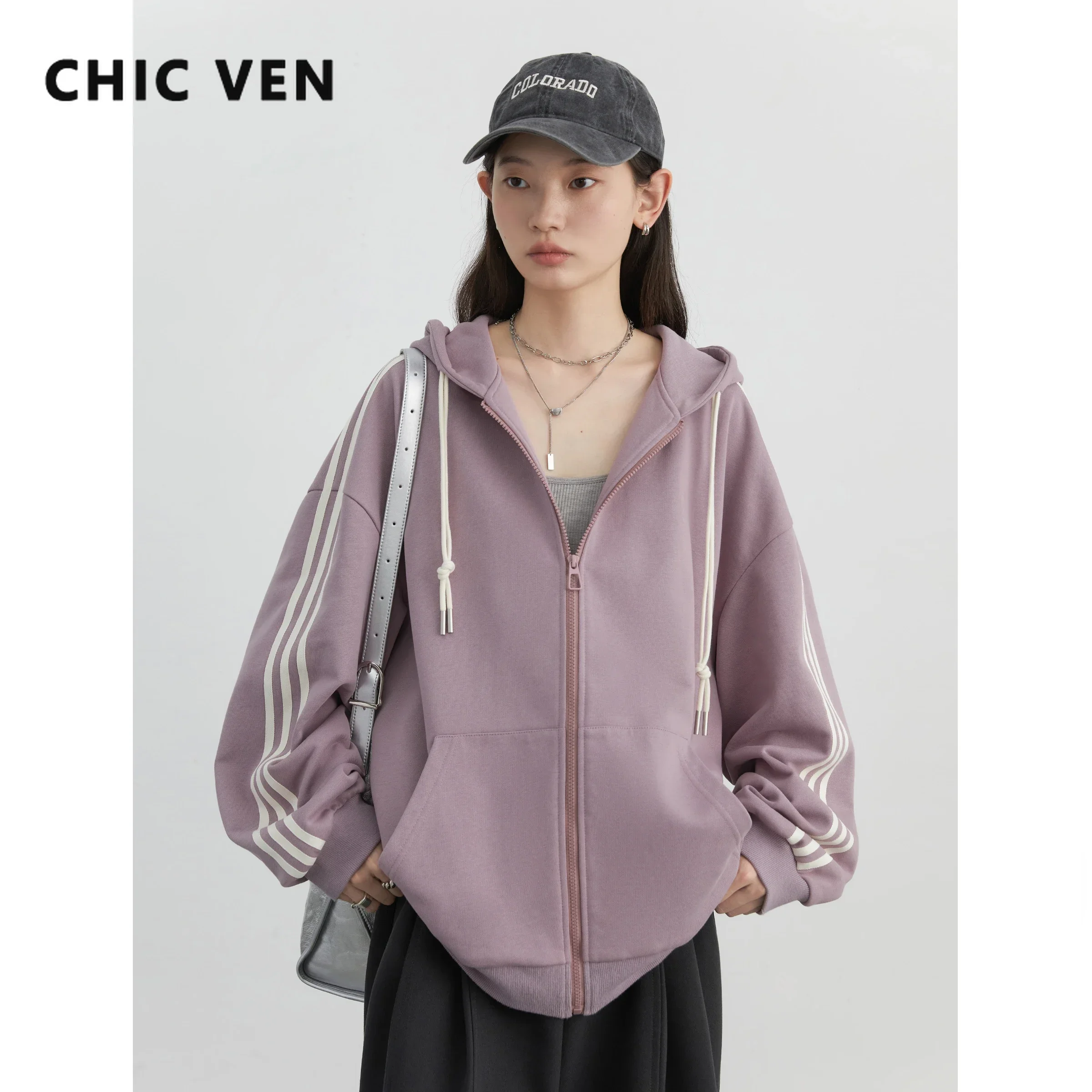 CHIC VEN 여성용 스웨트 셔츠, 루즈 캐주얼 후드 드로스트링 맨투맨, 딥 업 여성 재킷, 코튼 상의, 용수철 가을 2024