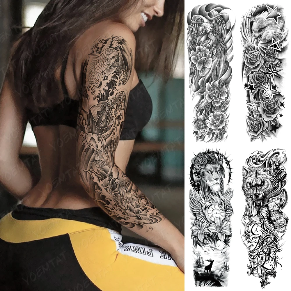 

Waterproof Temporary Tato Stickers Carp Phoenix Lion Wolf Rose Peony Body Art Fake Tattoo Men Women 3D Arm Sleeve Animal Tattoos