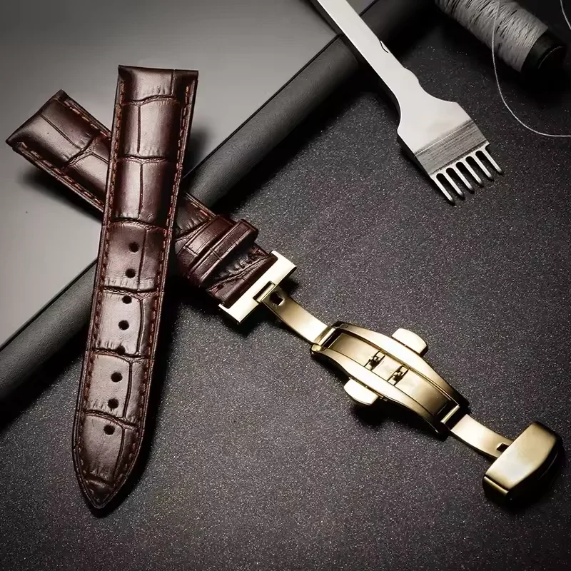 Alligator-Optik Kalbsleder Echtleder Uhrenarmband Schmetterlingsverschluss 12-24MM Mehrere Größen Ersatzarmband Passend für Tissot Seiko Armbanduhren – Detail 4