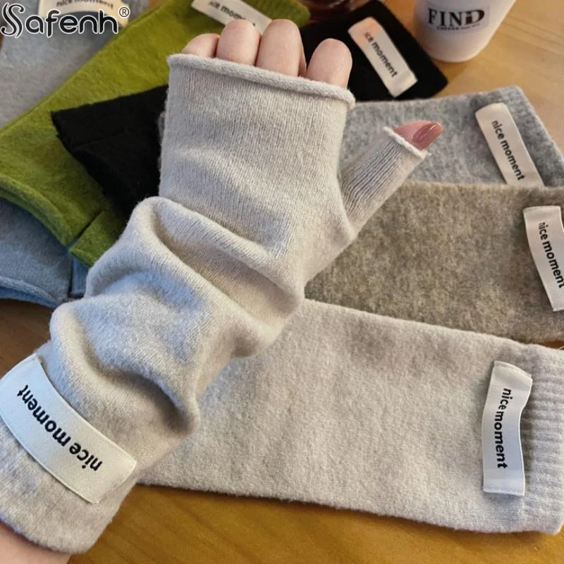 ألياف البوليستر طويلة أصابع القفازات المرأة معطف شتوي قفازات موضة الذراع كم عادية القوطي المعصم الأكمام قفاز عيد الميلاد #3