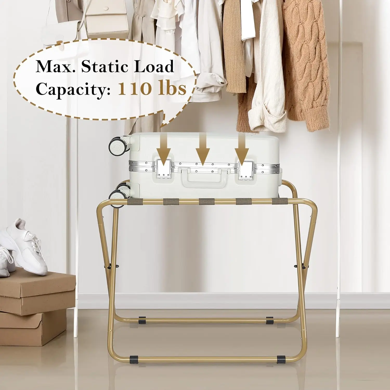 객실용 수하물 선반 2팩, 접이식 여행 가방 스탠드, 헤비 듀티 110LBS 하중 베어링 쉽게 수하물 홀더 조립, 골드