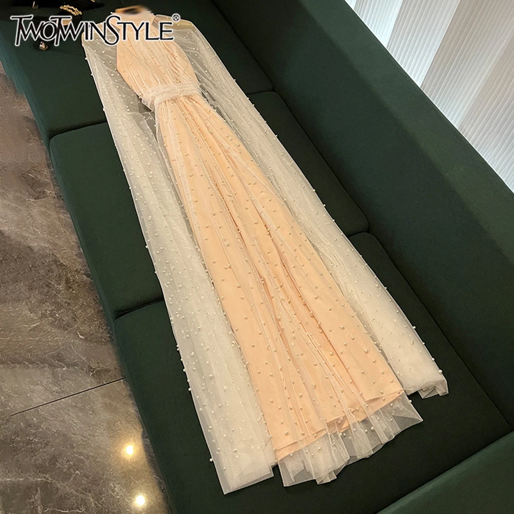 

TWOTWINSTYLE Solid Spliced Bead Temperament Dresses for Women Round Neck Long Sleeves Patchwork Mesh Chic Dress FemaleKDR537010