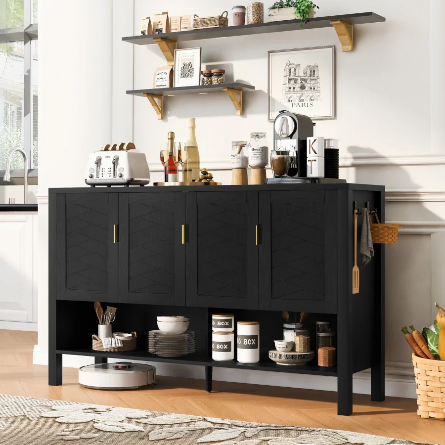 U_STYLE 55.1''Storage Sideboard with 4-Doors, Multi Functional Buffet with Open Shelf and 2-Tiers Adjustable Shelves, Modern Ca