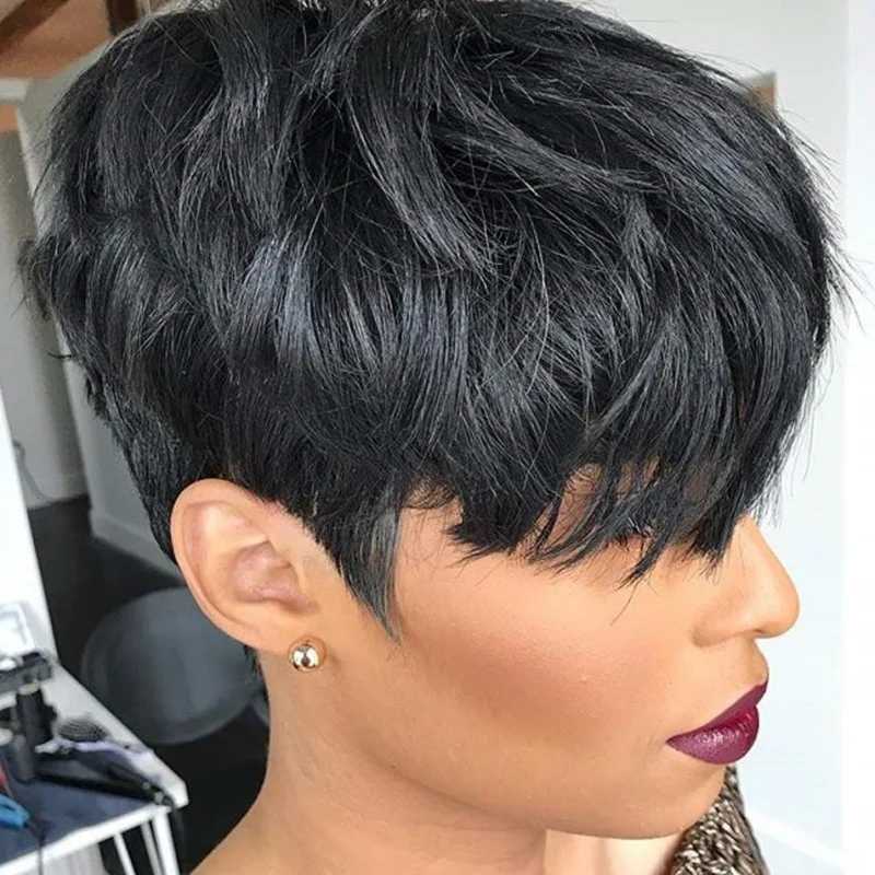 باروكات شعر بشري قصيرة، شعر مستعار بقص عابث مع غرة، شعر مستعار قصير مموج بطبقات سوداء للنساء