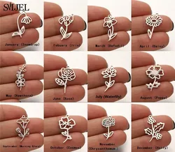5pcs/lot 1-12 Monthly Flower Stainless Steel Charms Wholesale Snowdrop Daisy Poppy Rose Connectors Charm DIY Jewelry Making