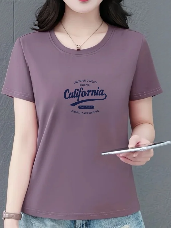 

Short Sleeve T-Shirt Women Summer round Neck Letter Print Loose Slimming Mom Top Casual Style Standard Size Polyester Fiber