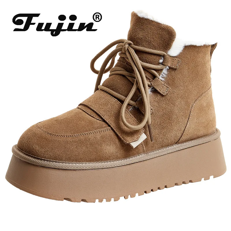 

Fujin/9 см замшевые зимние ботинки из коровьей кожи, женские ботинки «Челси», женская обувь, ботильоны на платформе, зимние плюшевые ботинки на танкетке