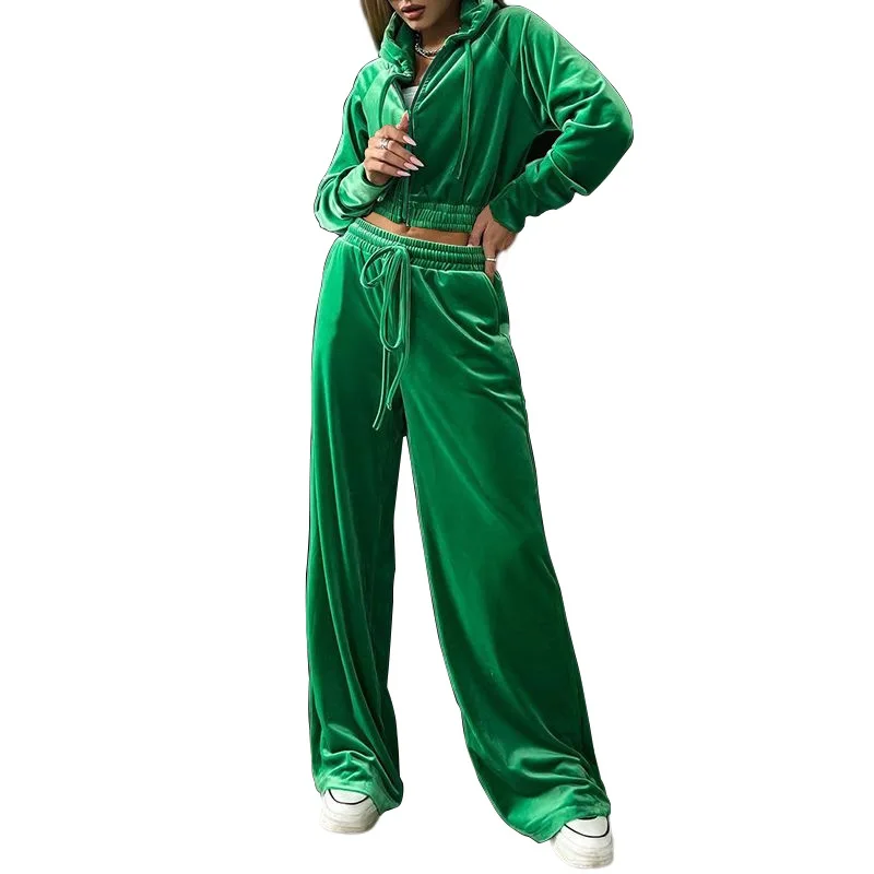 

2-piece outdoor fashion casual solid color long-sleeved hooded zipper jacket jogging pants for women sportwear suit