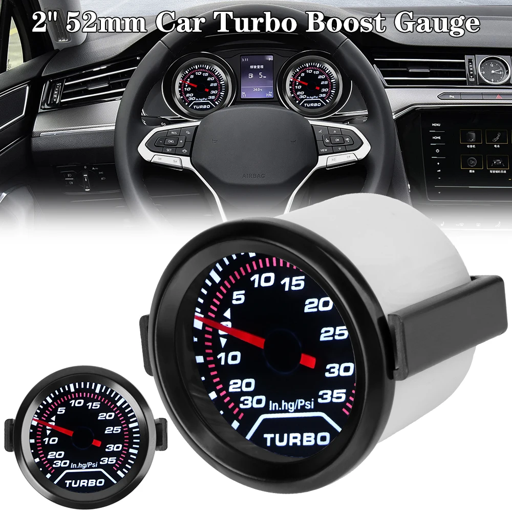 

Turbo Pressure Gauge Racing Car Modification Universal Smoke Lens 12V White LED Backlight 2" 52mm Turbo Boost Meter 35Psi