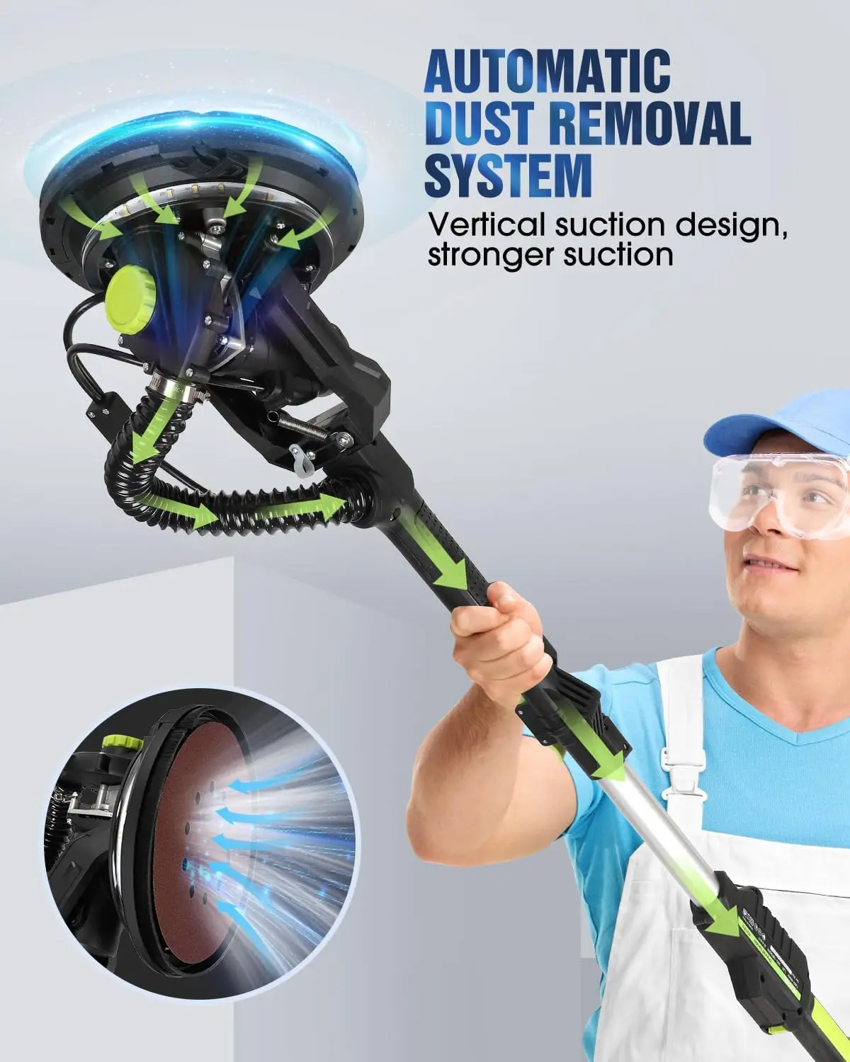 7.2A Electric Drywall Sander with Vacuum Dust Collection, LED Light, 6 Variable Speed Digital Display 900-1800RPM, Foldable & Ex