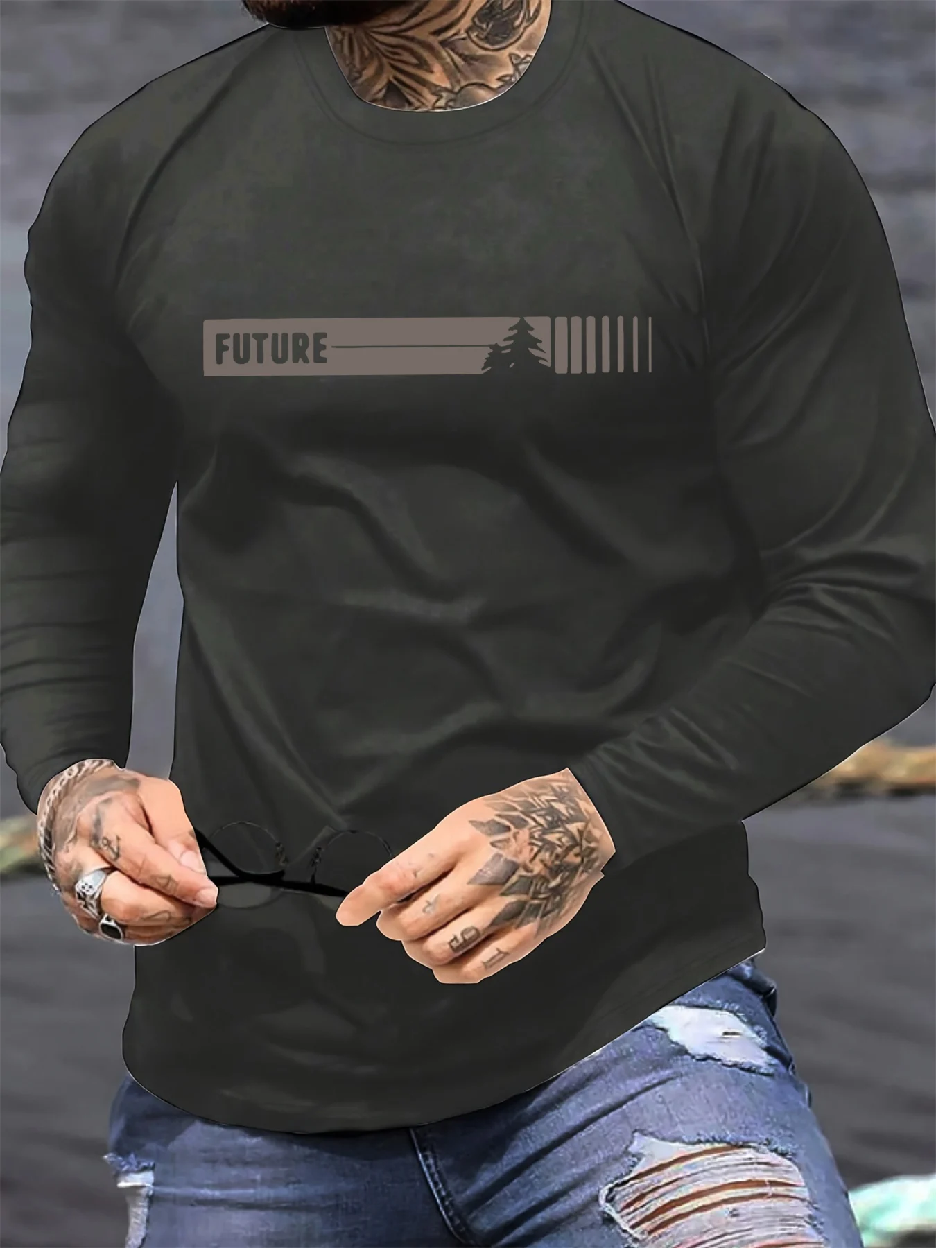 100% Pure Cotton Men's Long Sleeved Round Neck Loose Future Letter Pattern Printed Spring and Autumn Versatile T-Shirt Top image 3