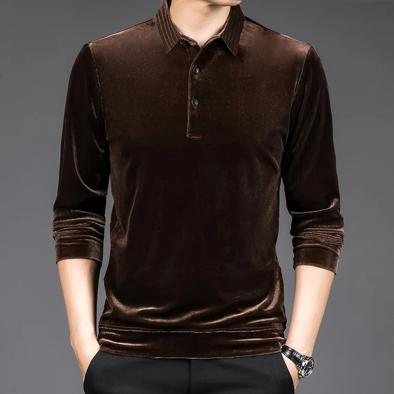 Gold Velvet Silky Polo Shirts For Men Long Sleeve Casual Striped Spring Quality Soft Comfortable Elastic Camisas De Hombre M-4XL