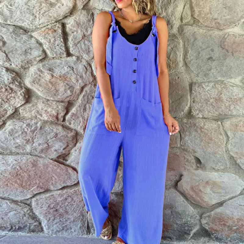 

Sexy U Neck Buttoned Buckle Strappy Bodysuit Jumpsuit Women Spring Solid Cotton Linen Playsuit Summer Backless Wide Leg Overalls