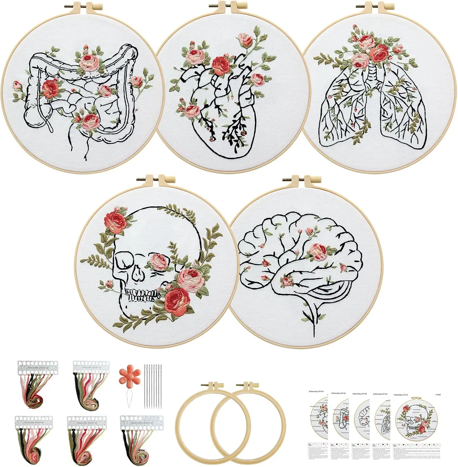 

5 наборов для вышивания по схемам для начинающих, наборы для вышивки крестиком с цветочными узорами и пяльцами