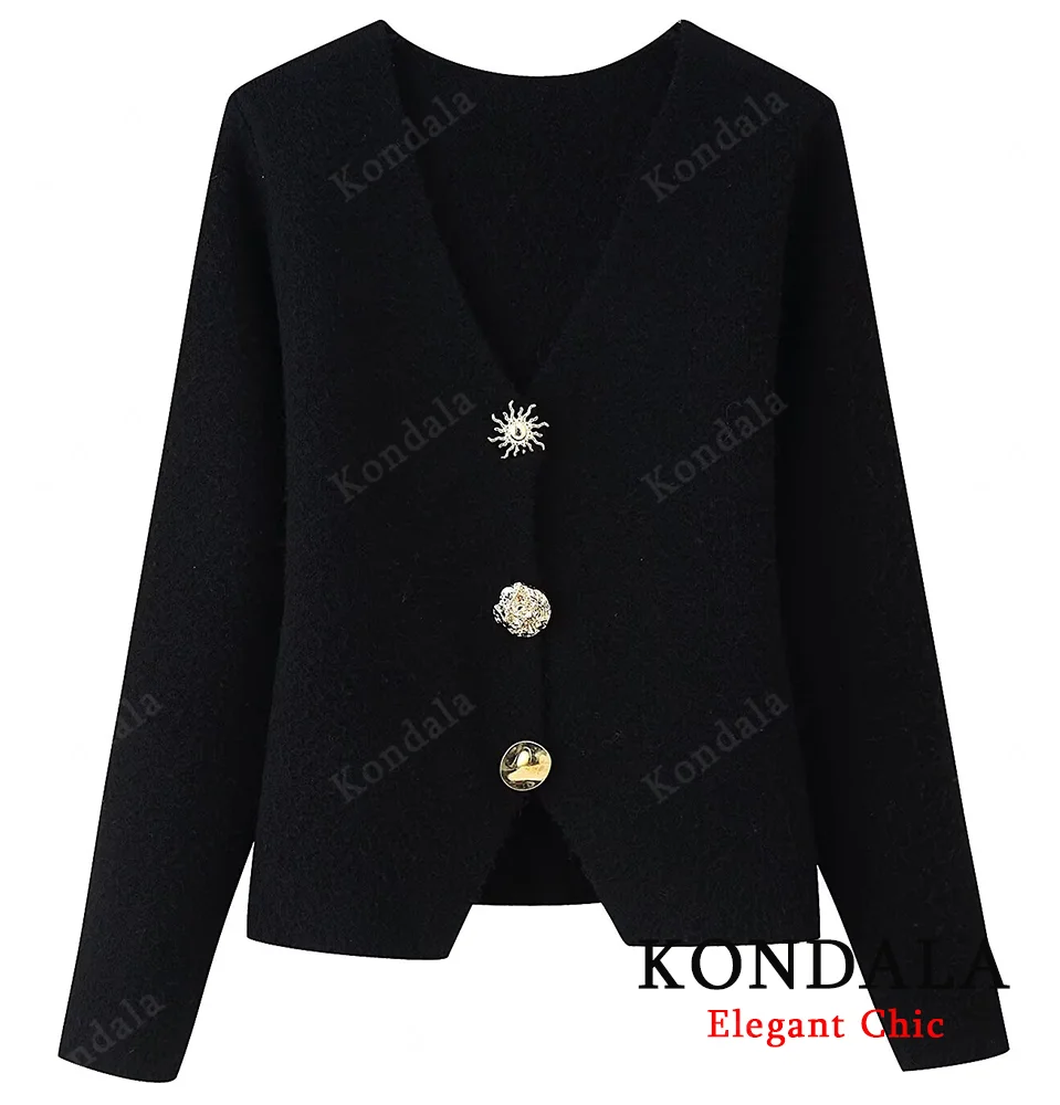 

KONDALA Women Fall Elegant Knitted Coat Slim Metal Buckle Decorative V-Neck Short Coat 2025 Autumn Fashion Casual Lady Jacket