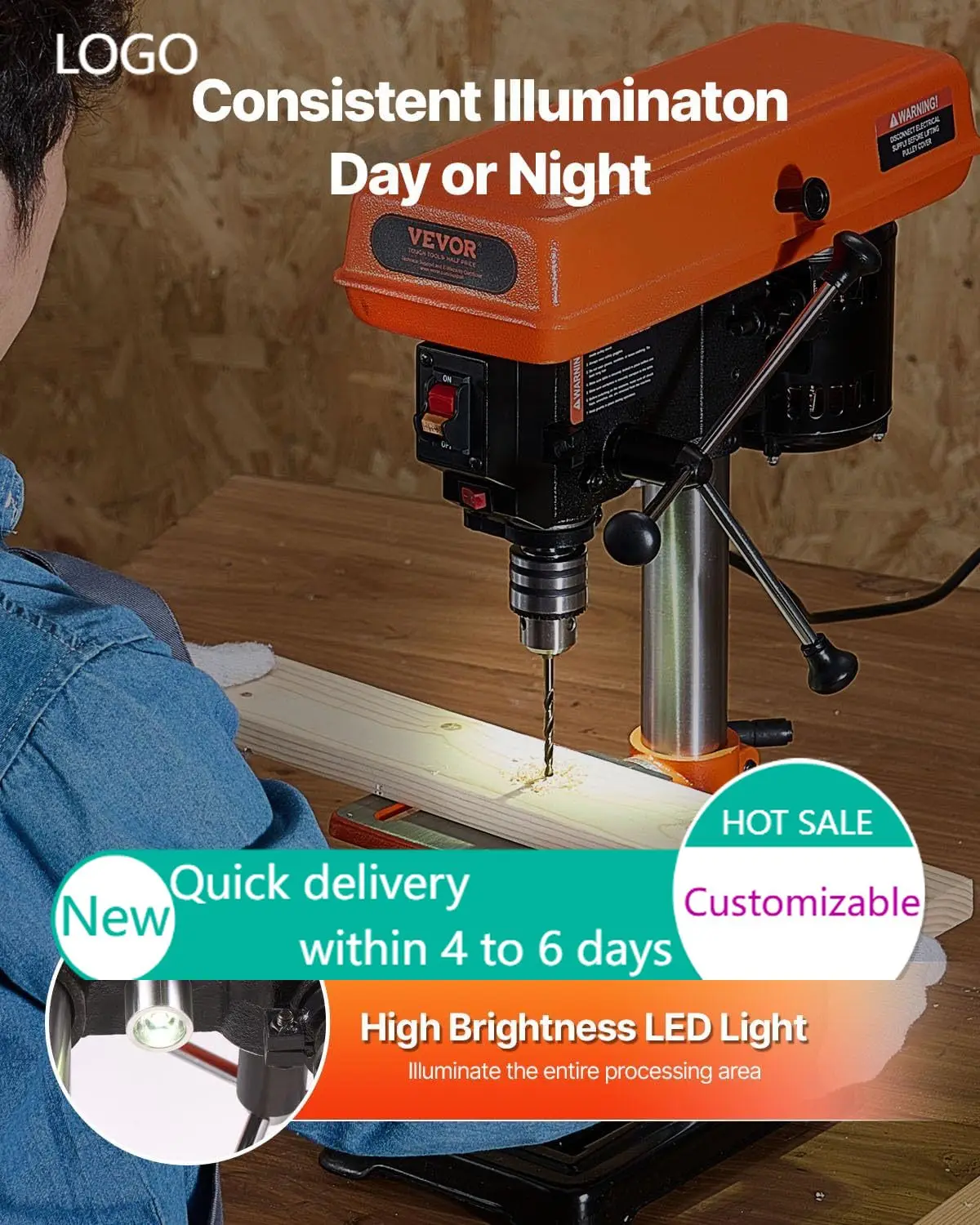 8 in Benchtop Drill Press,2.5A Induction Motor, Tabletop Drilling Machine with 750/1140 / 1740/2340 / 3200 RPM Adjustable Speed