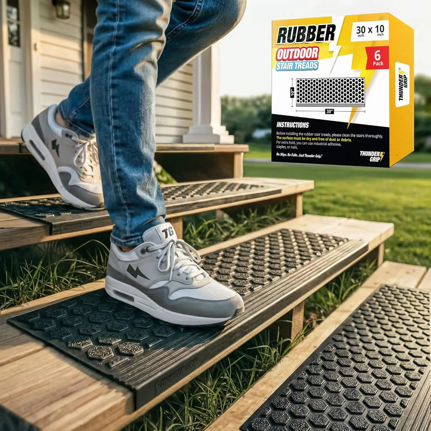 

Heavy-Duty Rubber Stair Treads 30x10 Inch 6-Pack, Non-Slip Weather Resistant Outdoor Mats for Wooden Steps