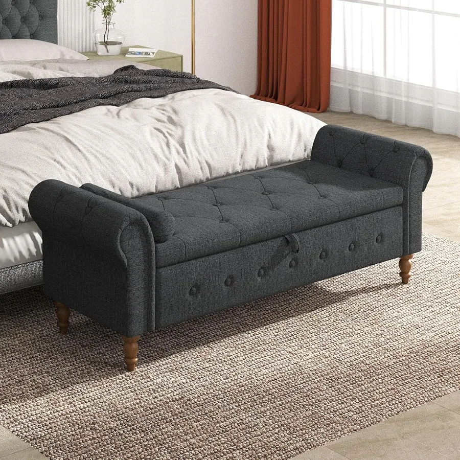 

Storage Bench for Bedroom End of Bed 63 Ottoman with Storage Linen Tufted Upholstered Ottoman Bench with Solid Wood Legs Rolled