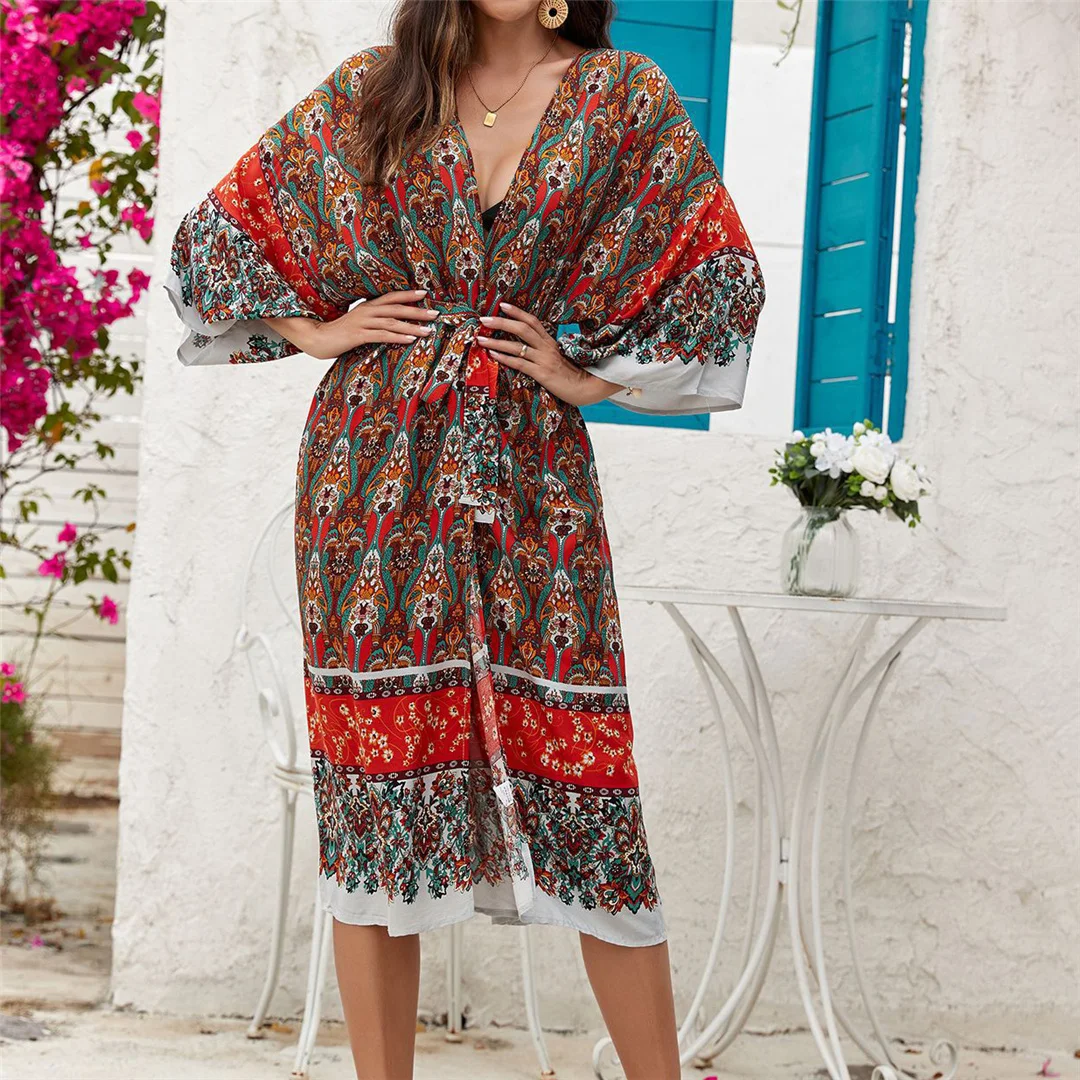 Bedrucktes, langärmeliges, gehäkeltes Strick-Cardigan-Tunika-Strandkleid, Strandmode, Strandbekleidung, Strand-Cover-up, Damen V7203 – Detail 6