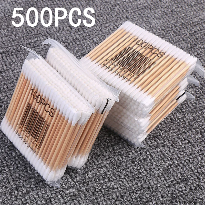 100/200/500 قطعة مزدوجة الرأس أعواد قطنية النساء ماكياج أعواد قطنية تلميح ل العصي الخشبية آذان الأنف تنظيف أدوات الرعاية الصحية