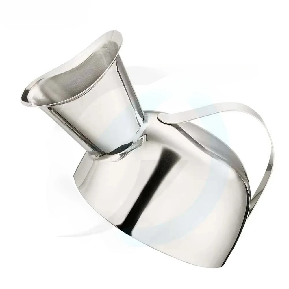 Stainless steel female urinals are nested for space-efficient storage in medical facilities and nursing homes